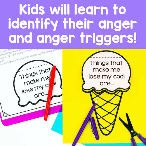 Educational materials for identifying anger and triggers with text and graphics on a colorful background.