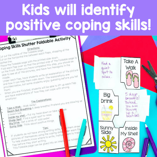 Educational materials for teaching coping skills with text 'Kids will identify positive coping skills!' on a colorful background.