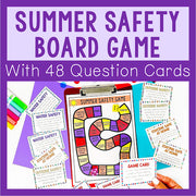 Summer safety board game with question cards on a purple background
