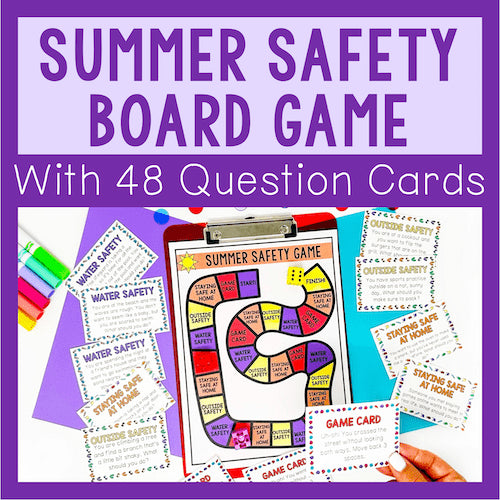 Summer safety board game with question cards on a purple background