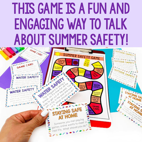 Summer safety game with colorful cards and a hand holding one card on a blue background.