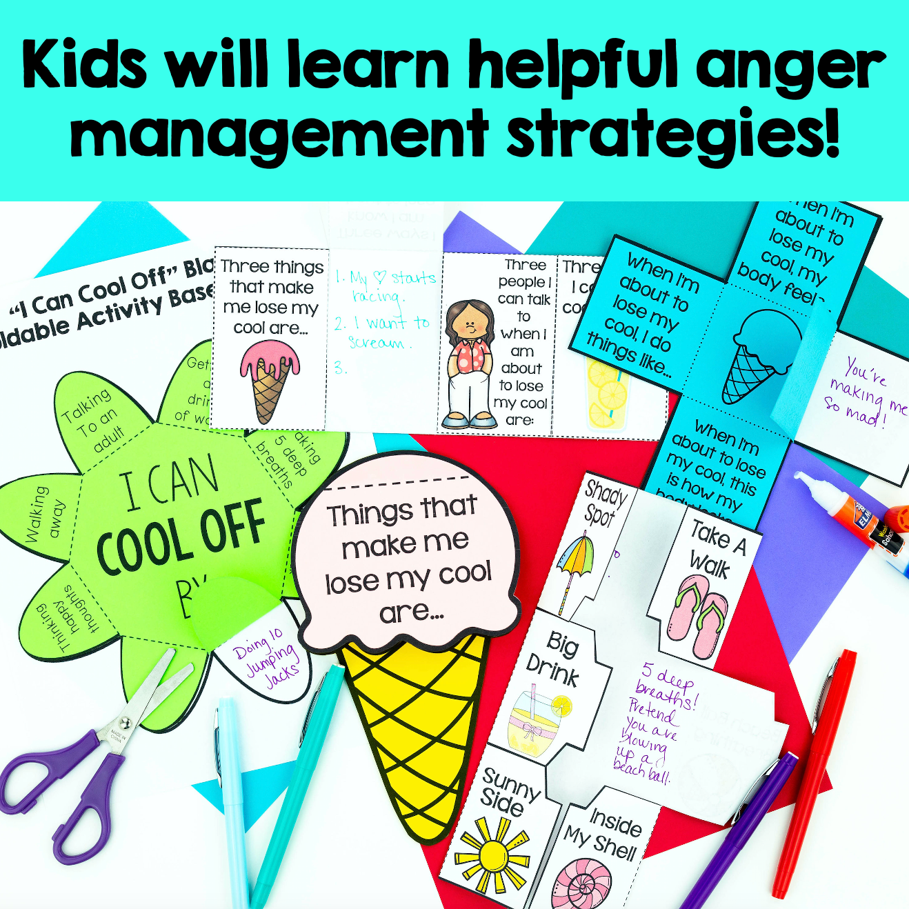 Educational materials for anger management strategies with colorful graphics and text.