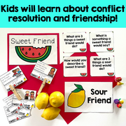 Educational materials for teaching conflict resolution and friendship with cards and lemons on a red background.