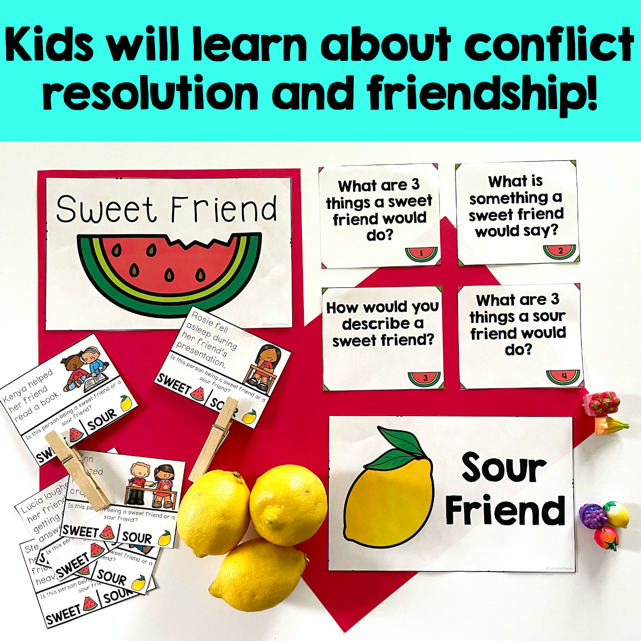 Educational materials for teaching conflict resolution and friendship with cards and lemons on a red background.