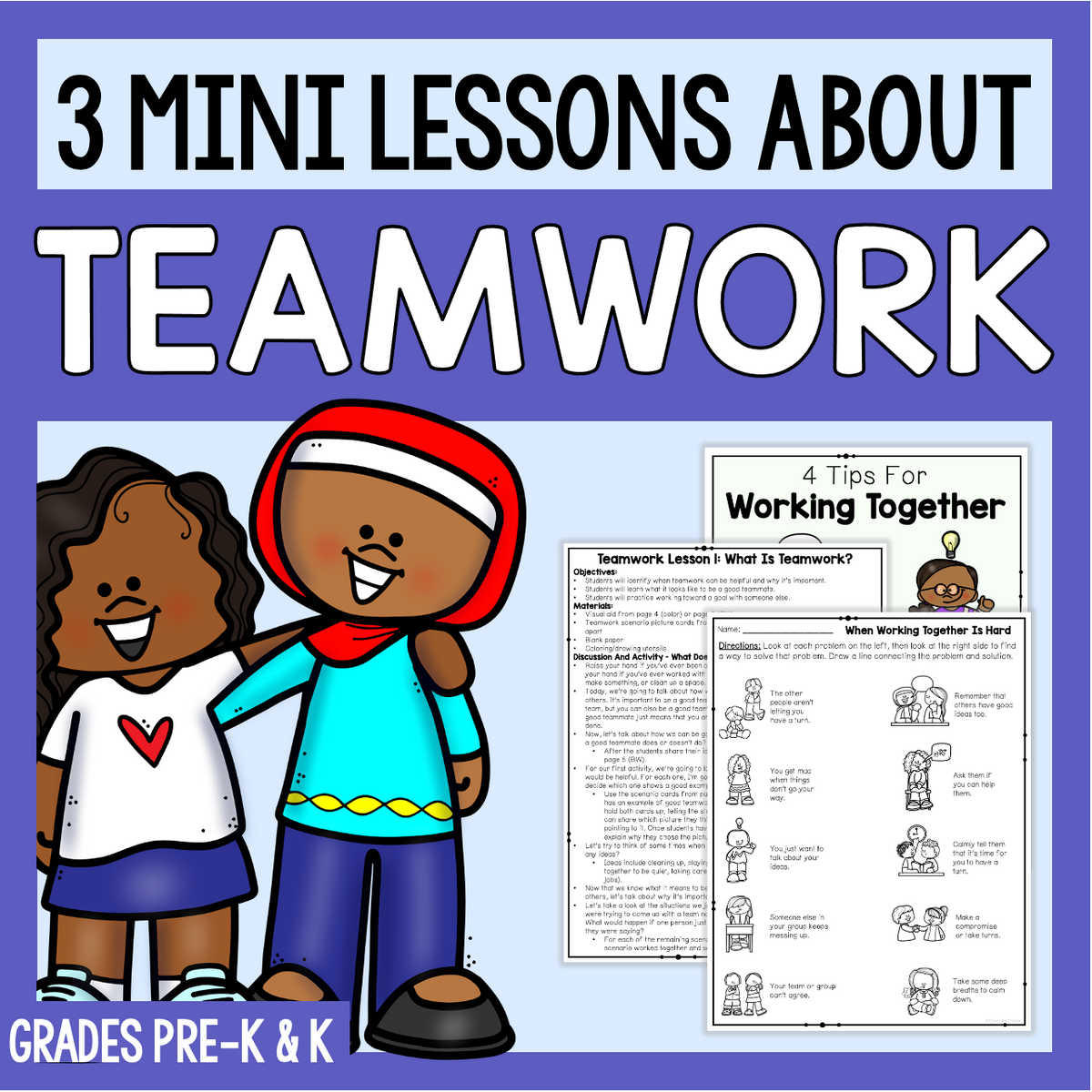 3 Mini Lessons about teamwork for grades pre-k and k