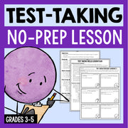 Cover of a test-taking no-prep lesson for grades 3-5 with a cartoon character and lesson plan images.