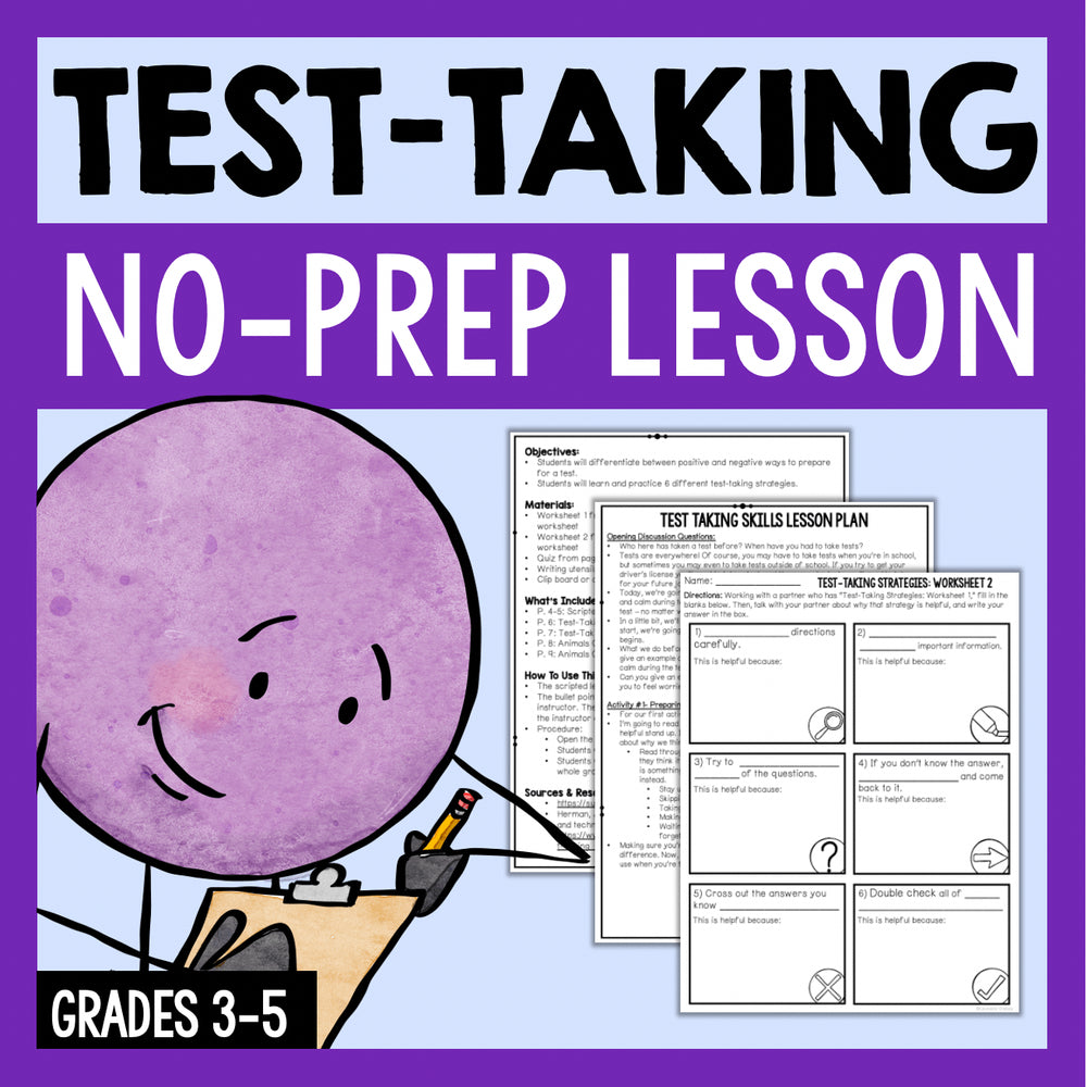 Cover of a test-taking no-prep lesson for grades 3-5 with a cartoon character and lesson plan images.