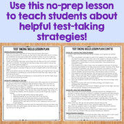 Two lesson plans on a wooden surface with text about test-taking strategies.