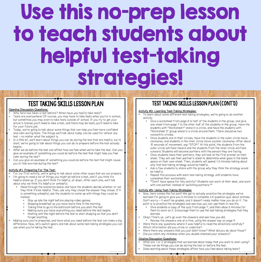 Two lesson plans on a wooden surface with text about test-taking strategies.
