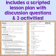 Scripted lesson plan with discussion questions and activities on a wooden surface