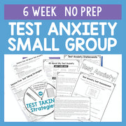 Promotional graphic for a '6 Week No Prep Test Anxiety Small Group' with printed materials on a blue background.