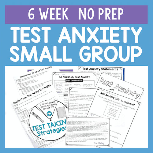 Promotional graphic for a '6 Week No Prep Test Anxiety Small Group' with printed materials on a blue background.