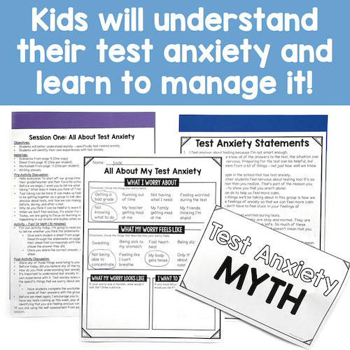 Educational materials on test anxiety with worksheets and posters.