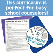 Curriculum materials for test-taking strategies with a blue background and text.