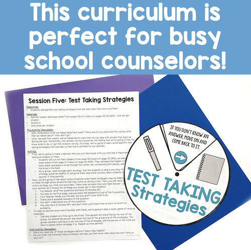 Curriculum materials for test-taking strategies with a blue background and text.