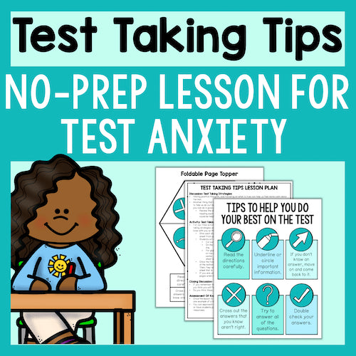 Educational material on test-taking tips with a cartoon student and lesson plan on a teal background