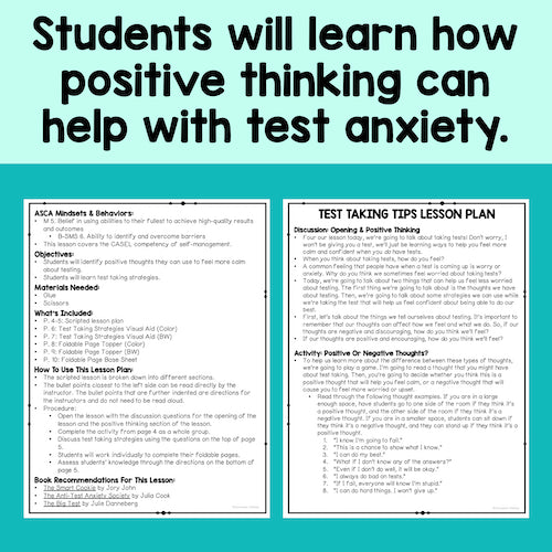 Two lesson plan pages on a teal background with text about positive thinking and test anxiety.