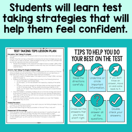 Educational materials on test-taking strategies with text and icons on a blue background.