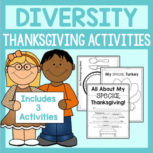 Cover of a book or resource about diversity Thanksgiving activities with two children and worksheets on a blue background.