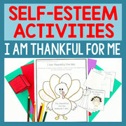 Educational materials for self-esteem activities with a turkey craft and coloring book on a blue background.
