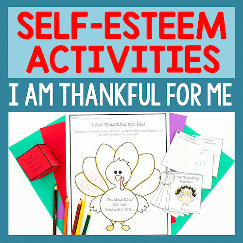 Educational materials for self-esteem activities with a turkey craft and coloring book on a blue background.
