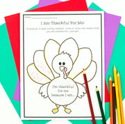 Thanksgiving-themed coloring page with a turkey and colored pencils on a colorful background