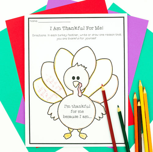 Thanksgiving-themed coloring page with a turkey and colored pencils on a colorful background