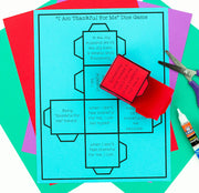 Dice game template with red dice on a colorful background