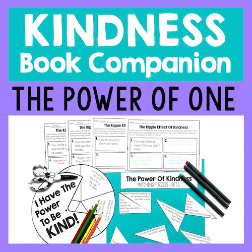 Kindness book companion materials with worksheets and activities on a teal and purple background.