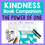 Kindness book companion materials with worksheets and activities on a teal and purple background.