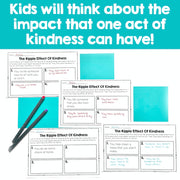 Educational material on kindness with text and checkboxes on a teal background