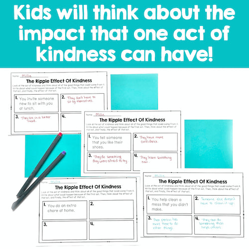 Educational material on kindness with text and checkboxes on a teal background
