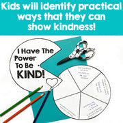 Kindness activity sheet with scissors, pencils, and a teal paper on a white background.