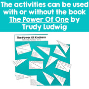 Teal background with text about activities related to 'The Power of One' book by Trudy Ludwig, featuring matching puzzles.