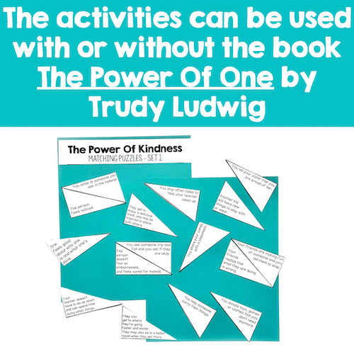 Teal background with text about activities related to 'The Power of One' book by Trudy Ludwig, featuring matching puzzles.