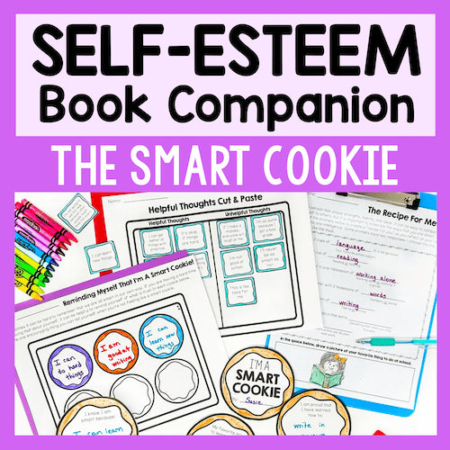 Educational materials for 'The Smart Cookie' book companion on self-esteem with colorful graphics and text.
