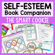 Educational materials for 'The Smart Cookie' book companion on self-esteem with colorful graphics and text.