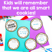 Educational activity with 'smart cookie' labels on a colorful background