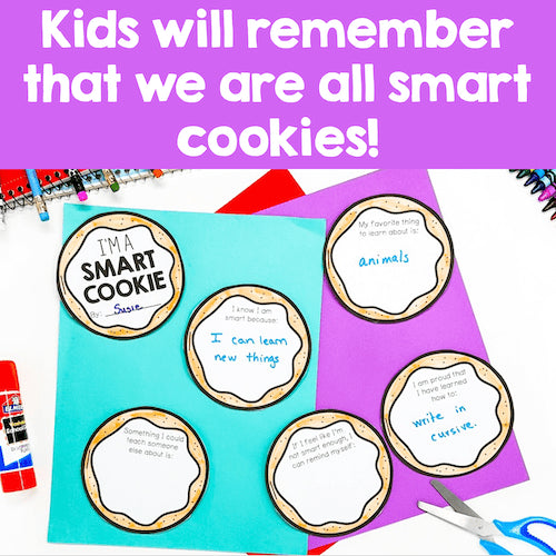 Educational activity with 'smart cookie' labels on a colorful background