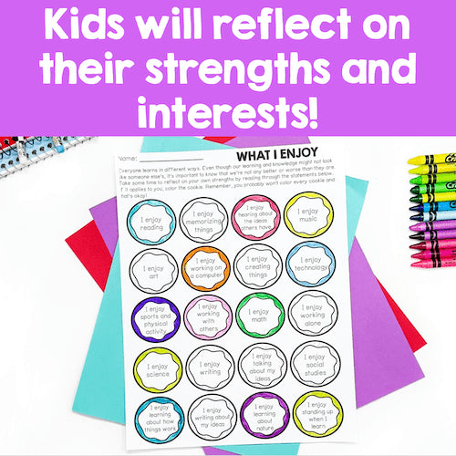 Sheet of 'What I Enjoy' activity with colorful circles and crayons on a purple background