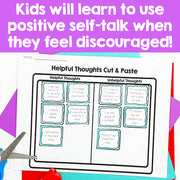 Worksheet titled 'Helpful Thoughts Cut & Paste' with text about positive self-talk on a colorful background.