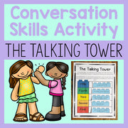 Promotional graphic for 'The Talking Tower' conversation skills activity with two cartoon children and a colorful chart.
