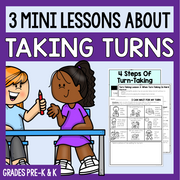 Promotional graphic for a digital educational resource titled '3 MINI LESSONS ABOUT TAKING TURNS'. The graphic features a purple border, white text, and cartoon illustrations of two children at a desk demonstrating turn-taking, alongside a preview of the worksheet pages.