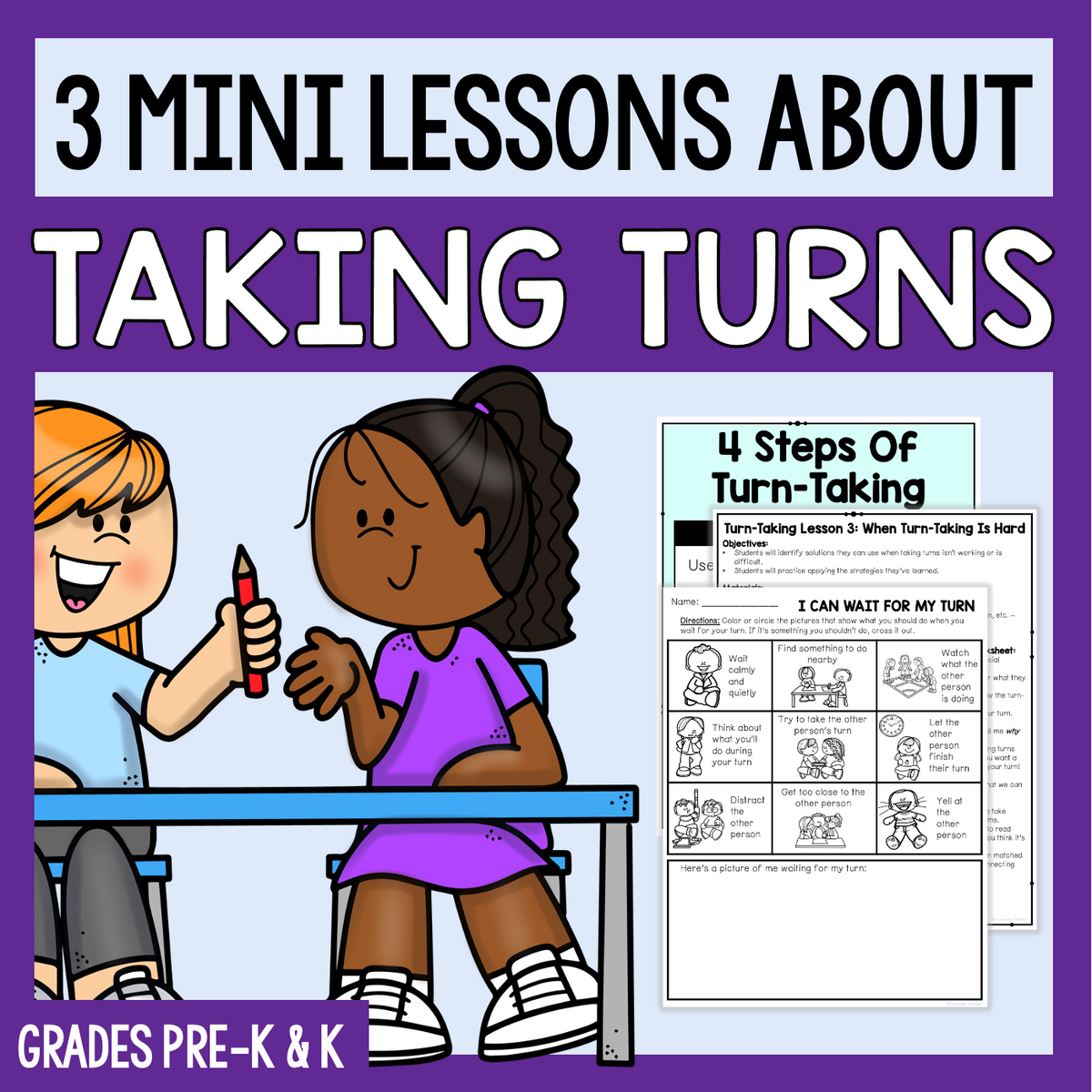 Promotional graphic for a digital educational resource titled '3 MINI LESSONS ABOUT TAKING TURNS'. The graphic features a purple border, white text, and cartoon illustrations of two children at a desk demonstrating turn-taking, alongside a preview of the worksheet pages.