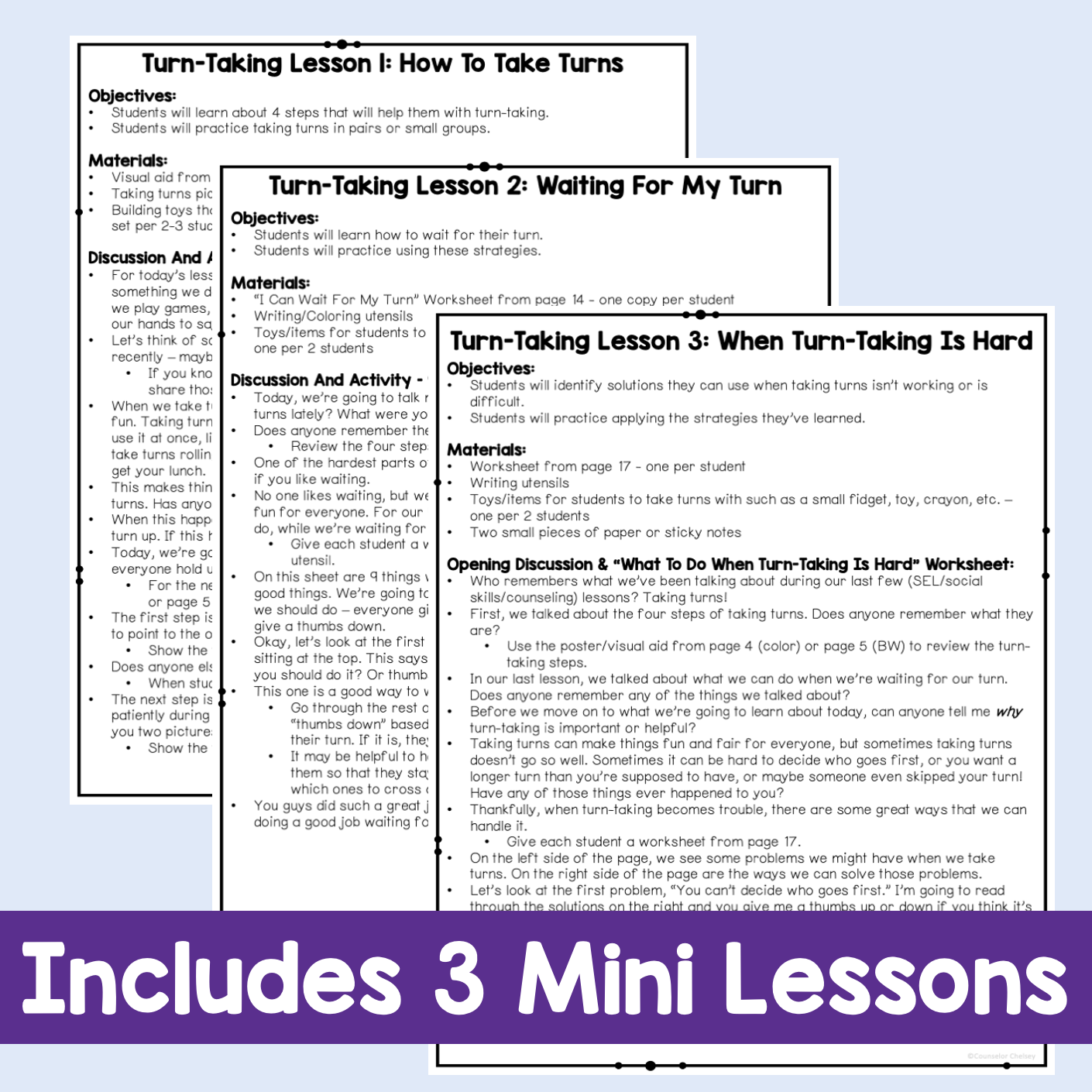 A set of educational worksheets titled 'Turn-Taking Lesson 1 to How to Take Turns', 'Turn-Taking Lesson 2: Waiting For My Turn', and 'Turn-Taking Lesson 3: When Turn-Taking Is Hard Is Hard', with a large purple banner at the bottom reading 'Includes 3 Mini Lessons'. The worksheets feature black text on white pages with colorful headings and diagrams.