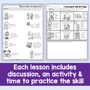 A worksheet page set for teaching turn-taking, featuring two white pages with black text, line drawings of children, and small color-coded activity boxes, plus a purple banner at the bottom reading 'Each lesson includes discussion, an activity & time to practice the skill'.