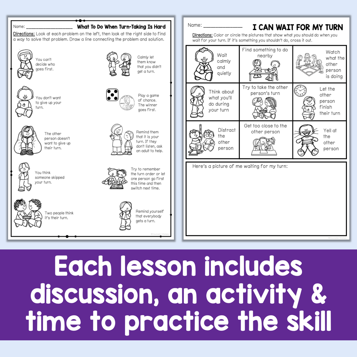 A worksheet page set for teaching turn-taking, featuring two white pages with black text, line drawings of children, and small color-coded activity boxes, plus a purple banner at the bottom reading 'Each lesson includes discussion, an activity & time to practice the skill'.
