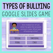 Google Slides game about types of bullying on a tablet screen with a purple background.