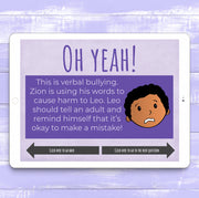 Educational screen from a digital app or game about verbal bullying on a purple background