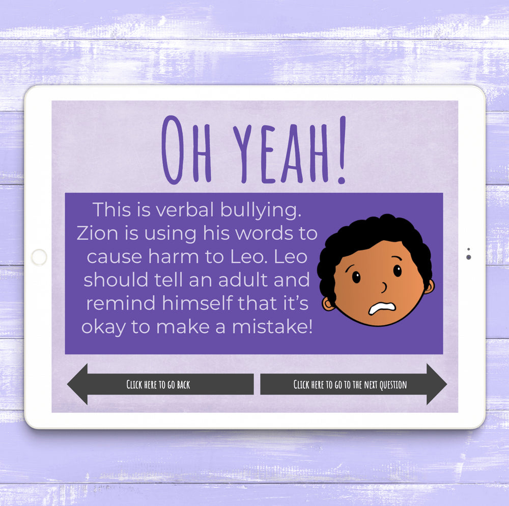 Educational screen from a digital app or game about verbal bullying on a purple background